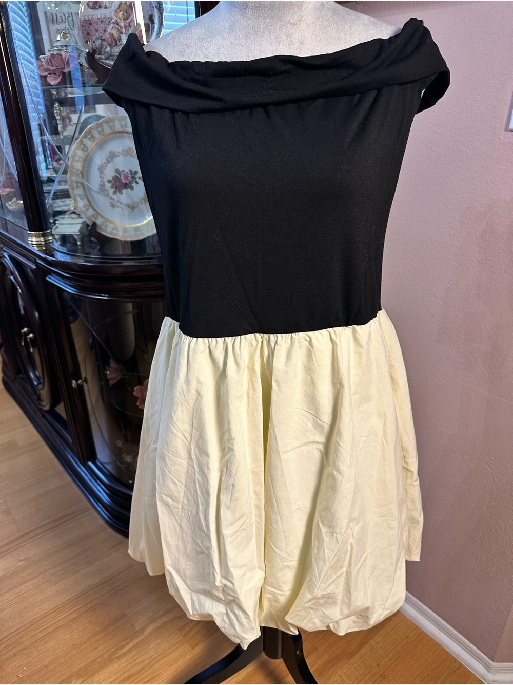 Black Off-Shoulder Top with Cream Bubble Skirt